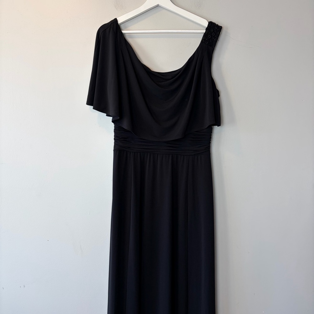 Sangria‎ Draped One Shoulder Beaded Black Formal Floor Length Dress 14